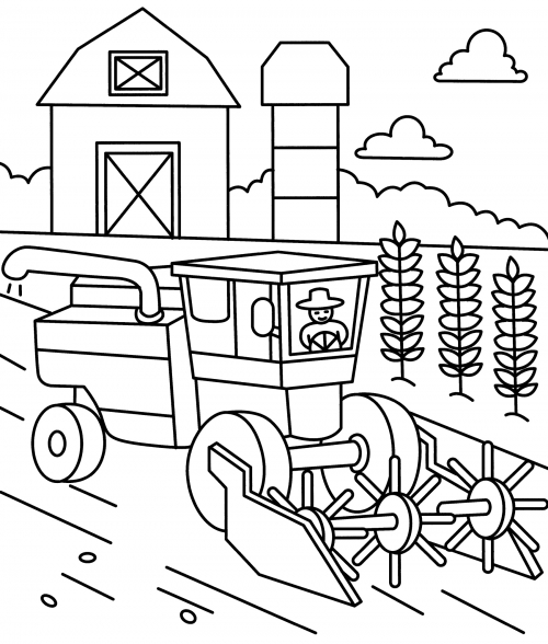 Tractor harvesting the wheat crop coloring page