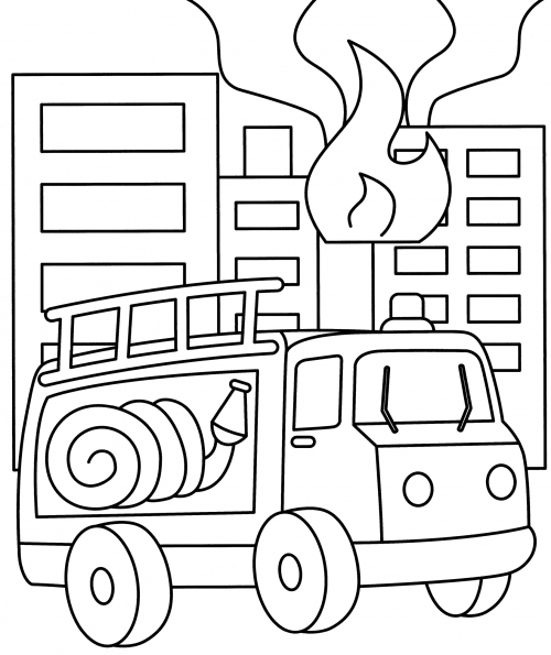 Fire truck near a burning house coloring page
