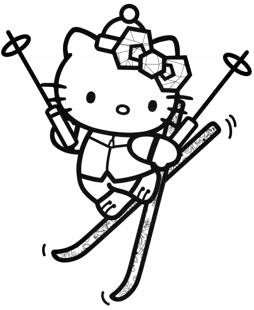 Hello Kitty skiing coloring page