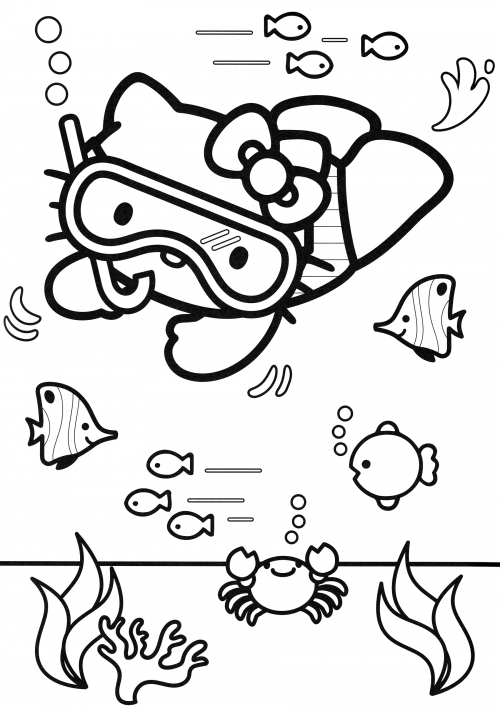 Hello Kitty swimming with the fish coloring page