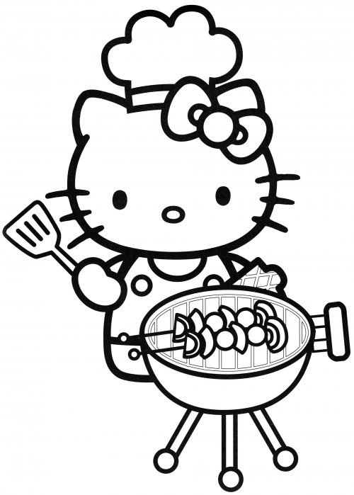 Hello Kitty cooking at barbeque coloring page