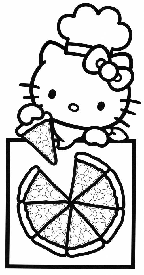Hello Kitty eats a slice of pizza coloring page