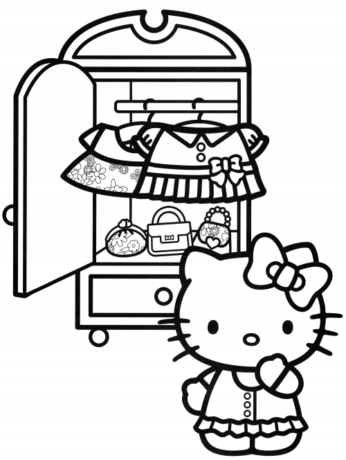 Hello Kitty picking out a dress coloring page