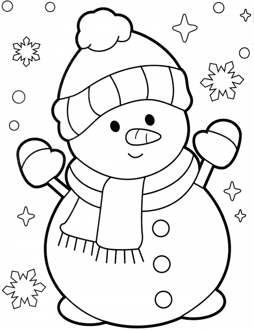 Snowman in a cap and with a scarf coloring page