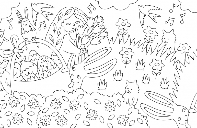 Girl with flowers and Easter basket coloring page