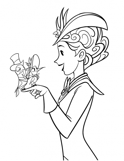 Mary Poppins holds the birds coloring page
