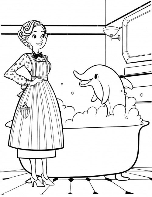 Mary Poppins bathing a dolphin coloring page