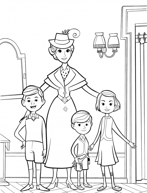 Mary Poppins and the kids coloring page