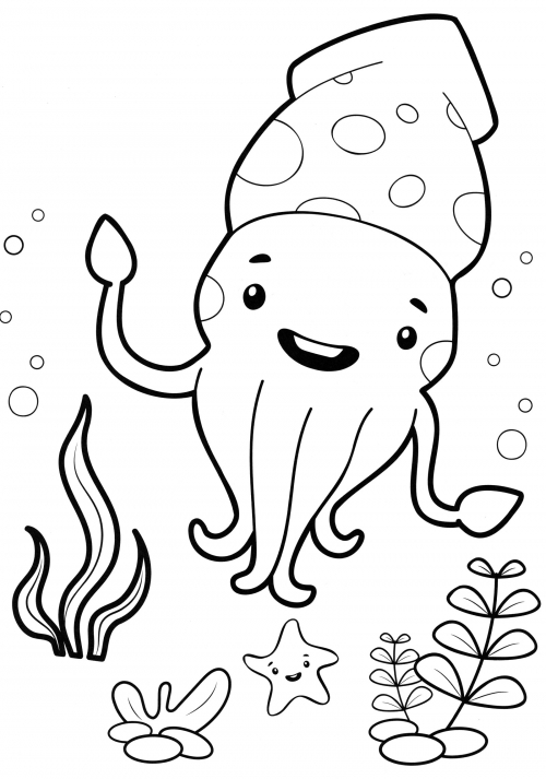 Smiling squid coloring page