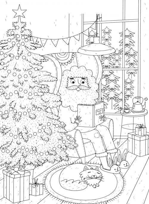 Santa's sitting in a chair coloring page