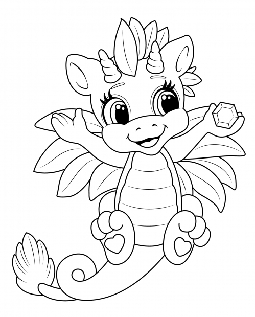 Dragon with a diamond in its paws coloring page