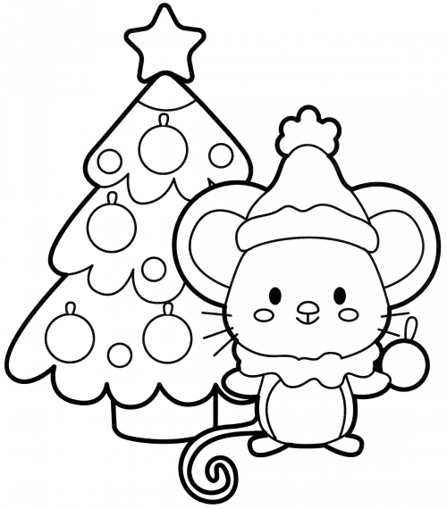 Mouse is decorating the Christmas tree coloring page