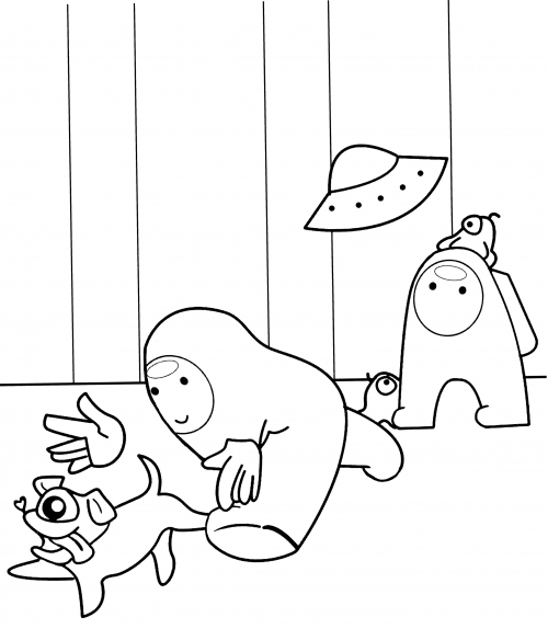 Among Us chasing a dog coloring page
