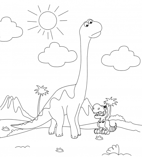 Brachiosaurus and baby Tyrannosaurus coloring page