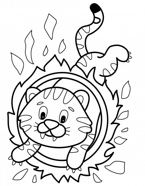Tiger jumping through the ring coloring page