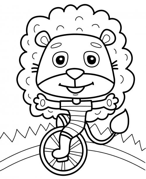 Lion on a monocycle coloring page