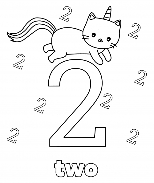 Kitty with the number two coloring page