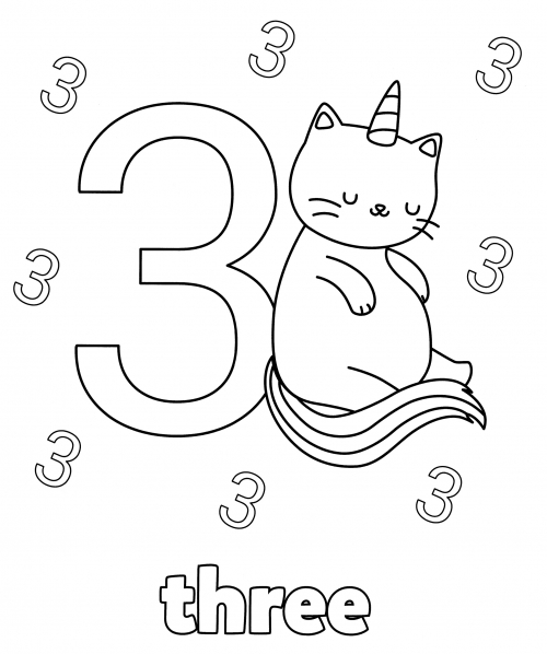 Kitty with the number three coloring page