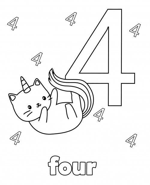 Kitty with the number four coloring page