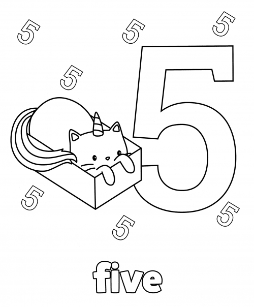 Kitty with the number five coloring page
