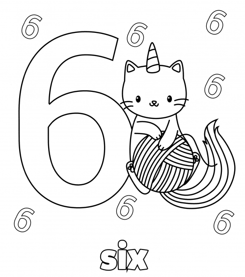 Kitty with the number six coloring page