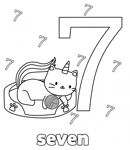 Kitty with the number seven coloring page