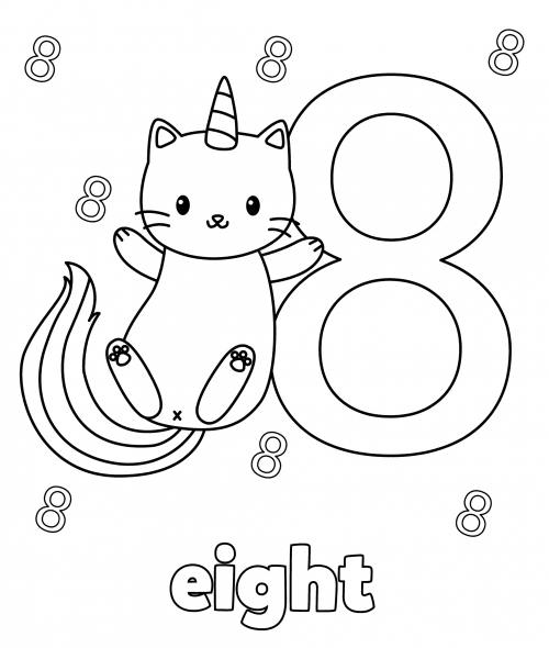 Kitty with the number eight coloring page