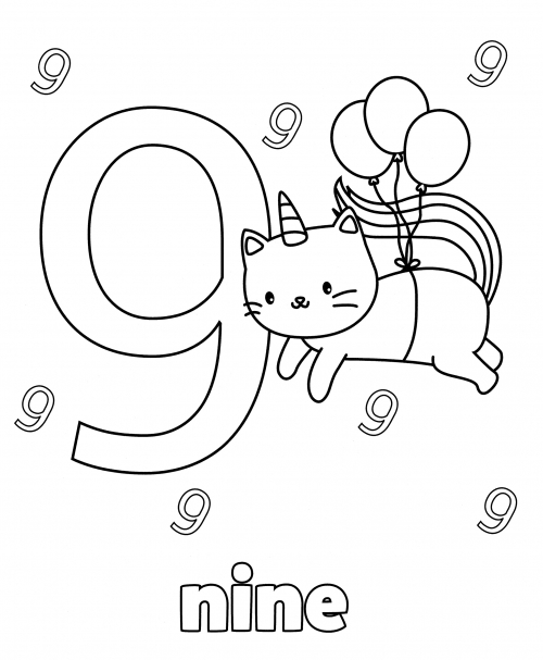Kitty with the number nine coloring page