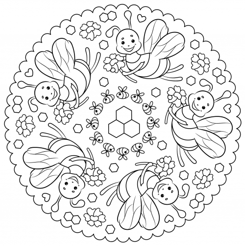 Mandala bee with flower coloring page