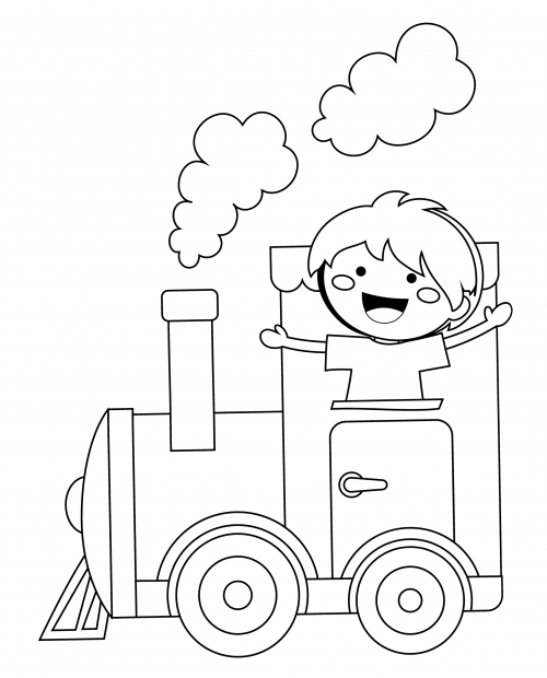 A boy rides a train coloring page