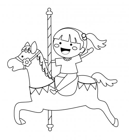 Girl riding on a toy horse coloring page