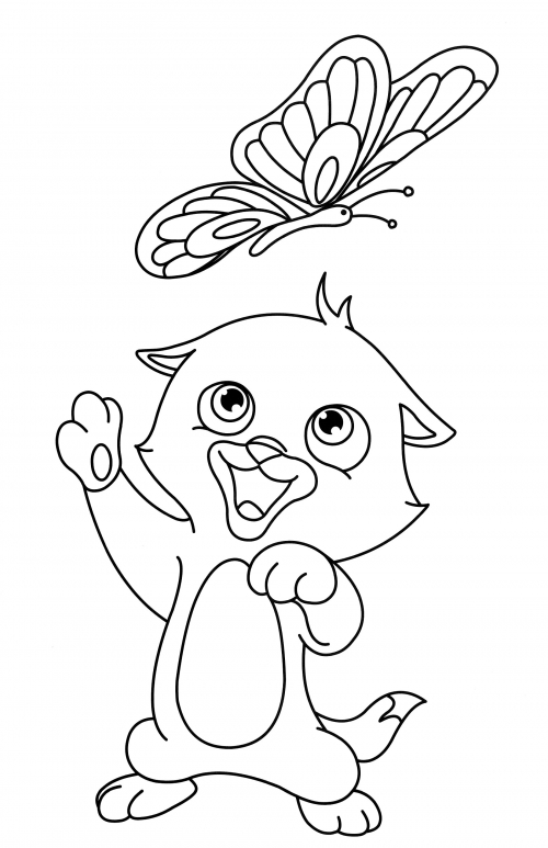 The cat plays with a butterfly coloring page