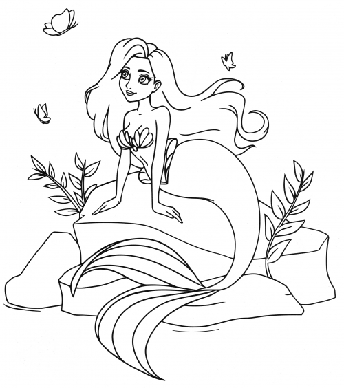 The mermaid is sitting on a large stone coloring page