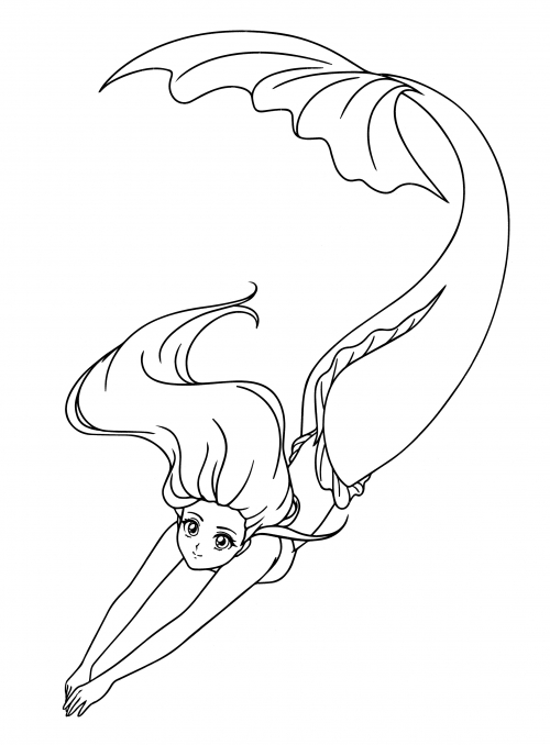 Mermaid dives into the ocean coloring page