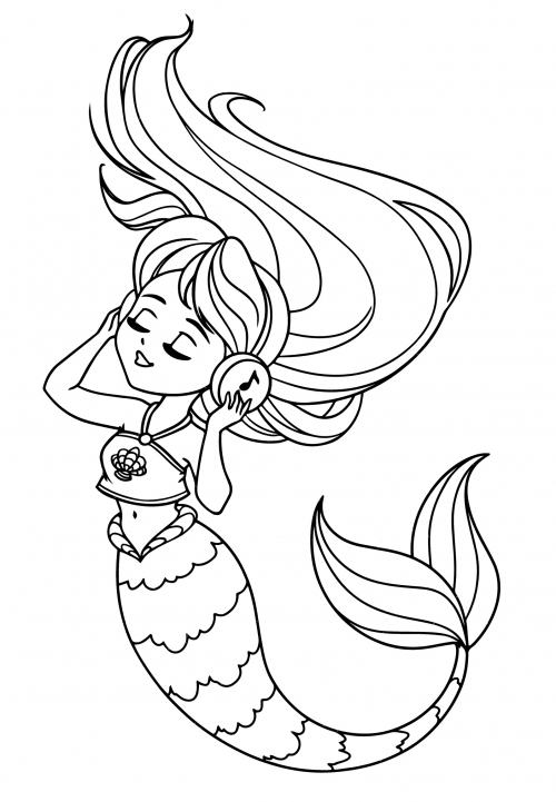 The mermaid listens to music coloring page