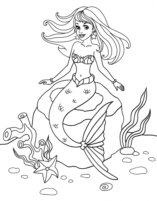 Mermaid on the seabed coloring page