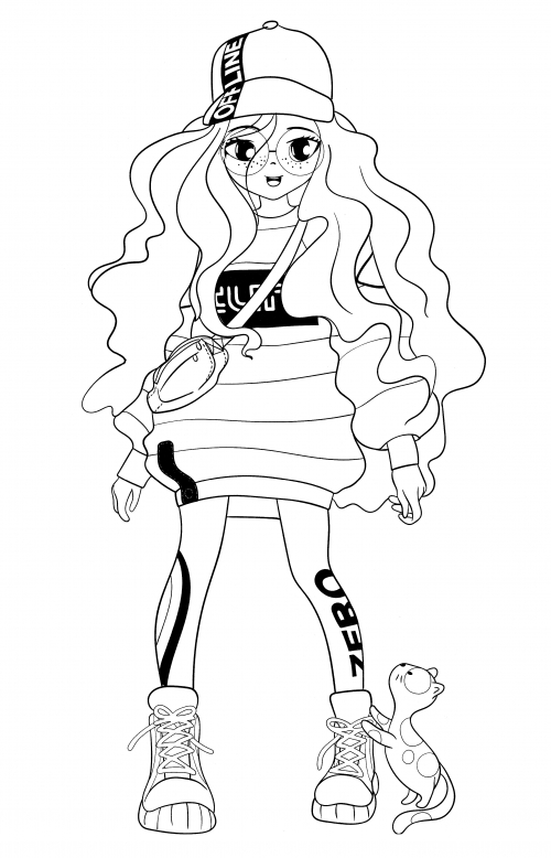 Girl in a stylish outfit coloring page