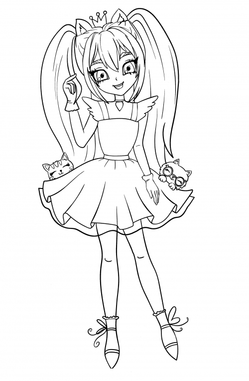 Anime girl with her cats coloring page