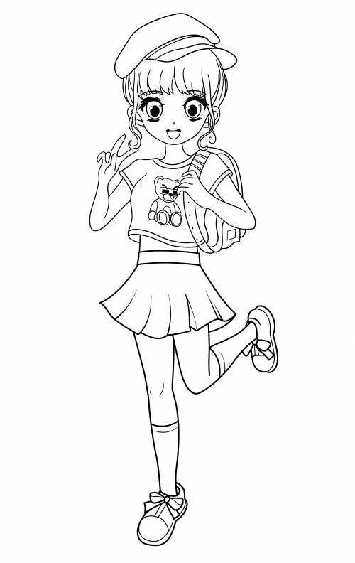 Kawaii anime schoolgirl coloring page