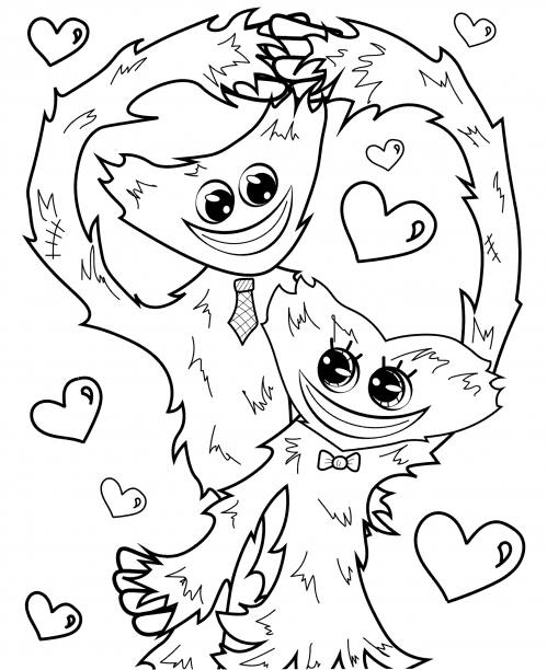 Huggy Wuggy is in love with Kissy Missy coloring page