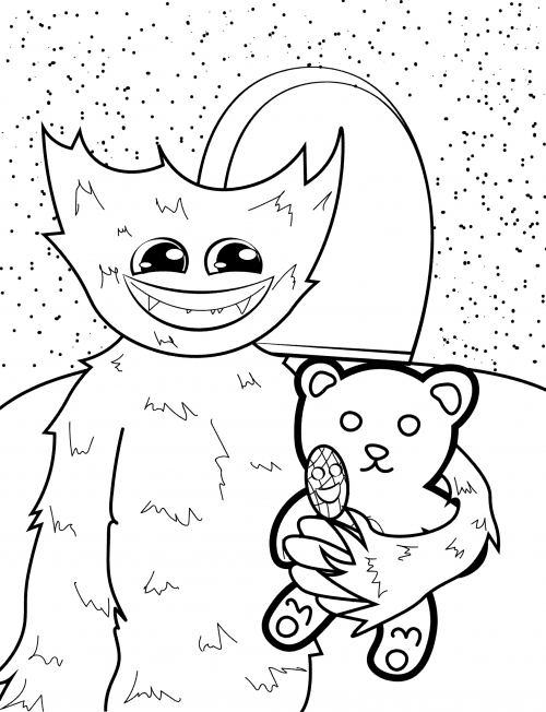 Huggy Wuggy holding a teddy bear coloring page