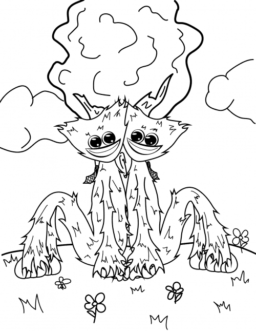 Huggy Wuggy and Kissy Missy under the tree coloring page