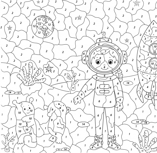 Cosmonaut with new friends coloring page