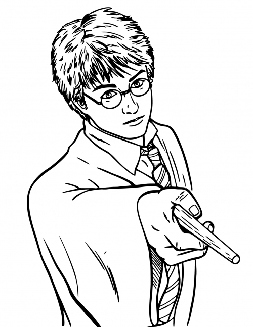 Harry Potter with his wand coloring page