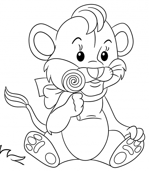 Lion cub eats a lollipop coloring page