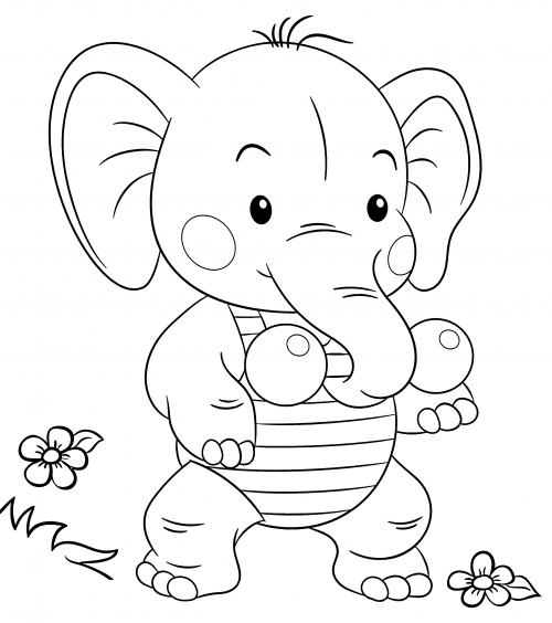 Baby elephant holds a dumbbell with its trunk coloring page