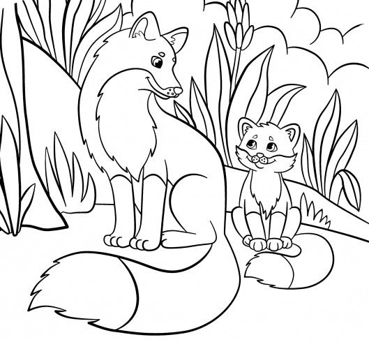 Fox with her puppy coloring page