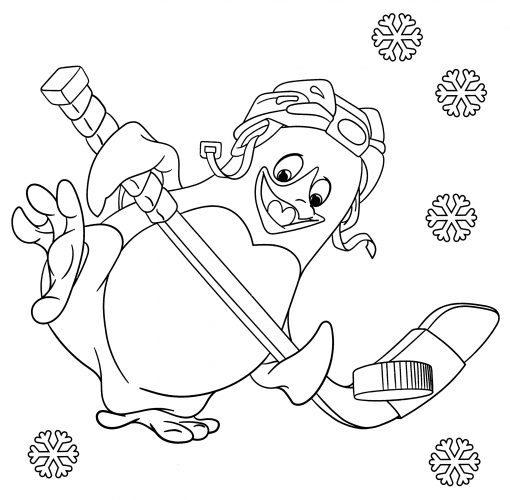 Penguin plays hockey coloring page