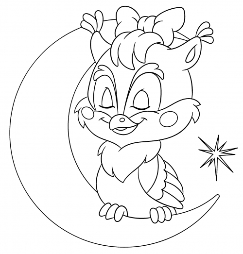 An owl sits on the moon coloring page