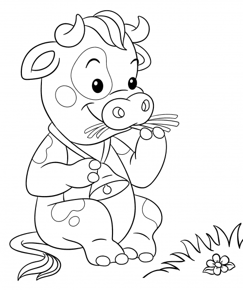 The calf eats juicy grass coloring page